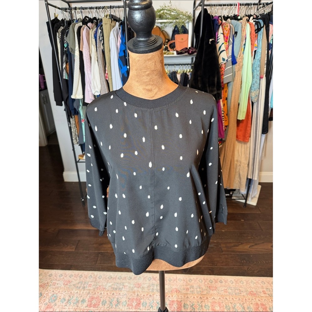 Anthropologie Mo:Vint Black Polka Dot 3/4 Sleeve Blouse Top Small